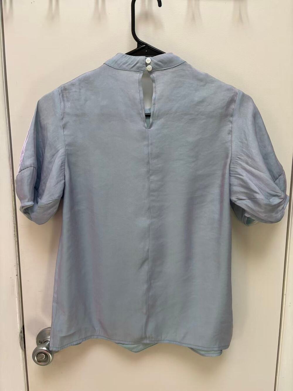 Women Blue Satin Mock Neck Blouse Puff Short Sleeve Elegant Commuter Top XS/P